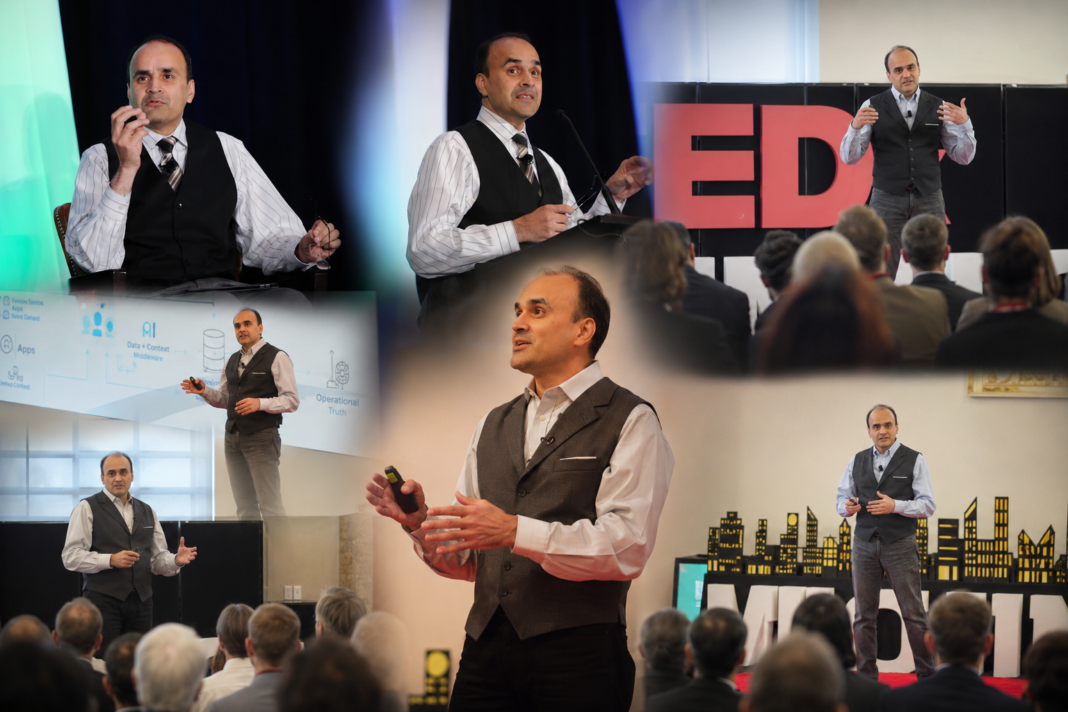 Shahid N. Shah speaking on stage at conferences including TEDx and TEDMED