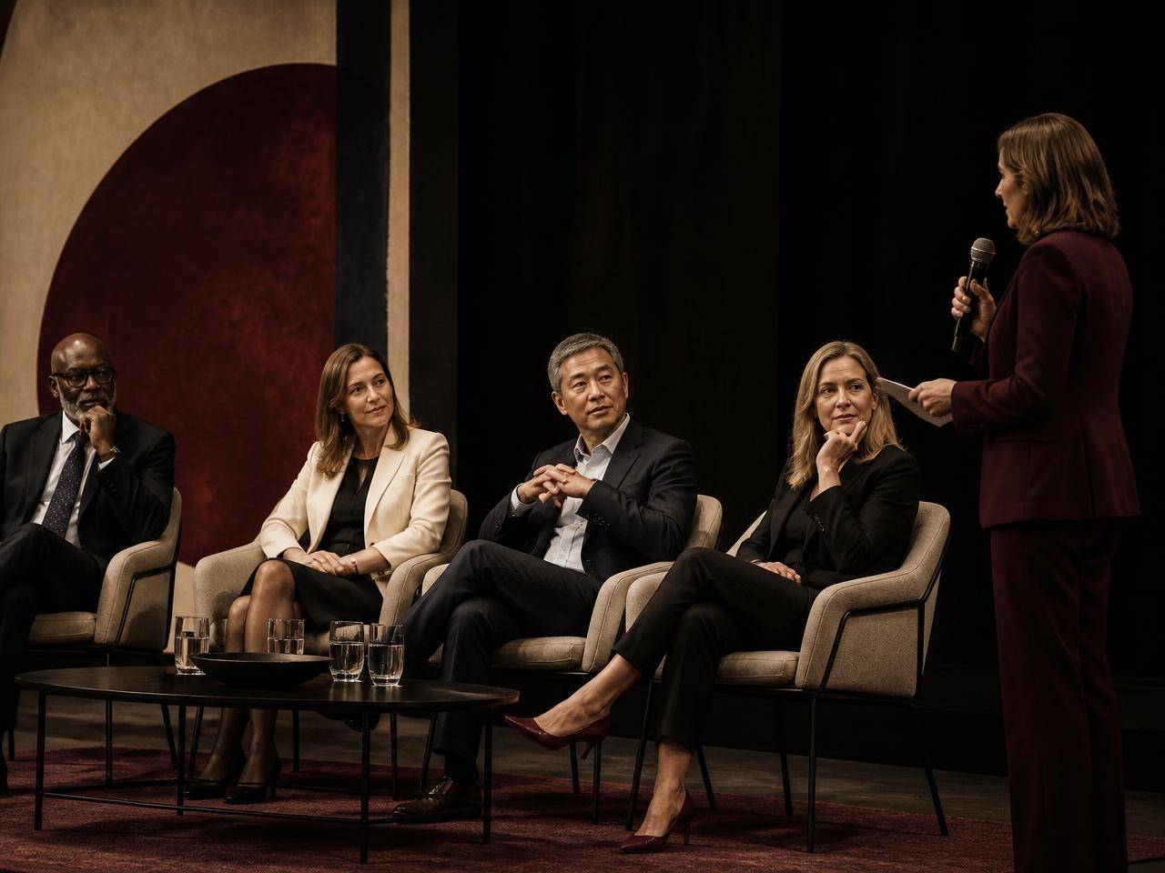 A moderator with a microphone leading a panel of four seated executives on a conference stage
