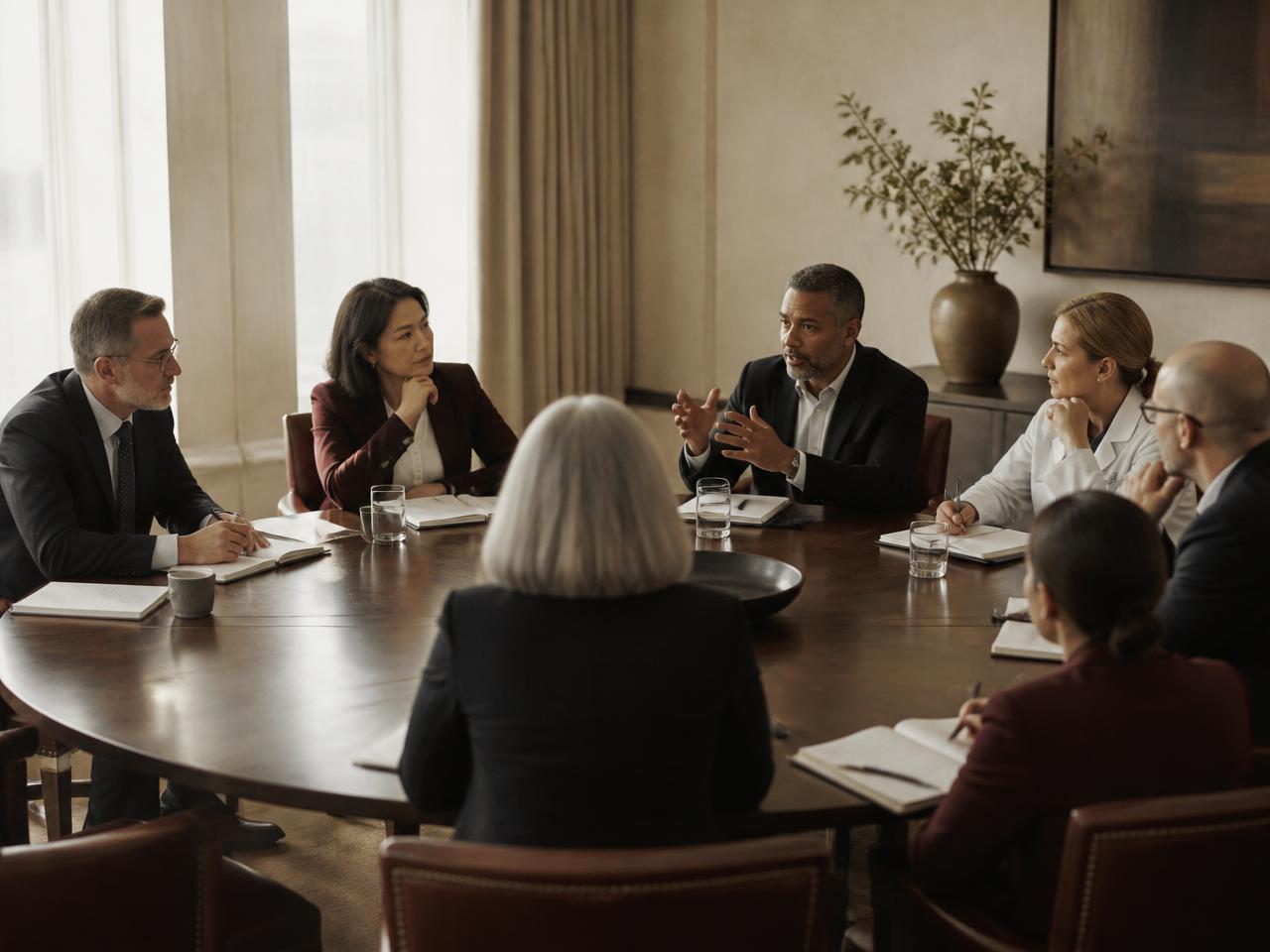 Healthcare executives in discussion around a large roundtable with notebooks and no slides