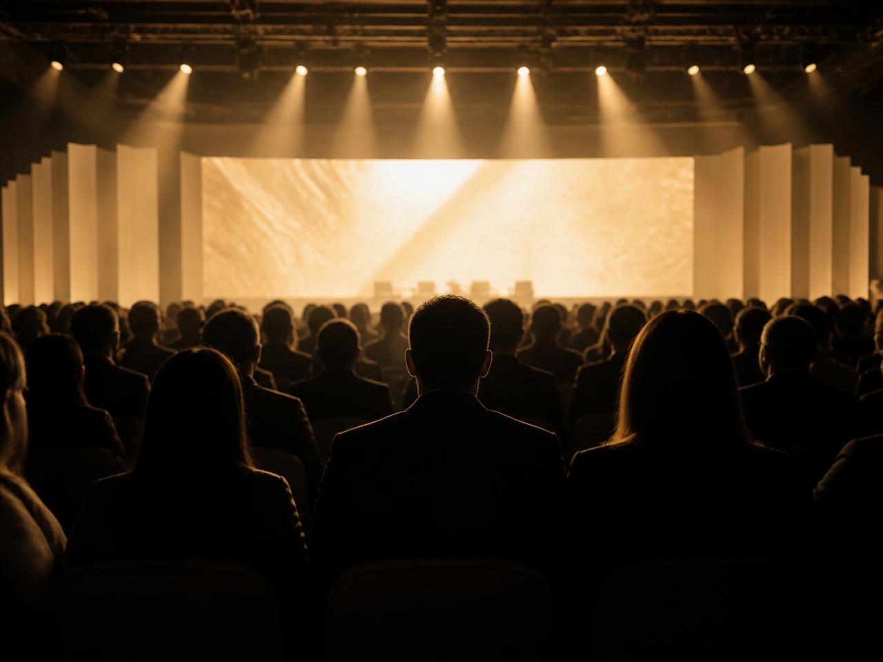An audience seated before a brightly lit conference stage