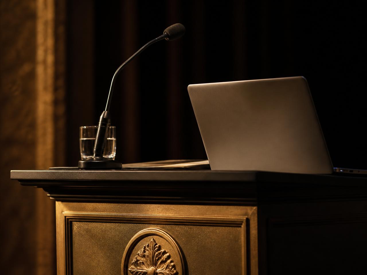A lectern with microphone and laptop under a warm spotlight